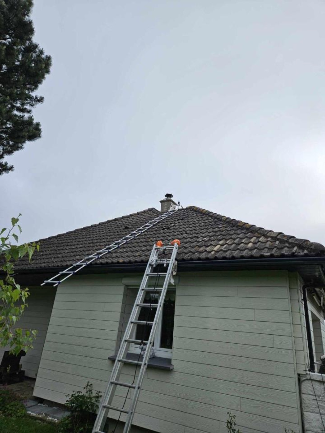 Démoussage de toiture en cours d'intervention